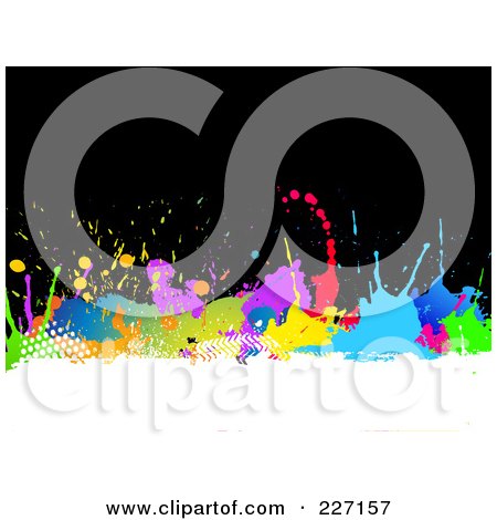 Royalty-Free (RF) Clipart Illustration of a Background Of Colorful Splats Over Black, With A White Bar by KJ Pargeter