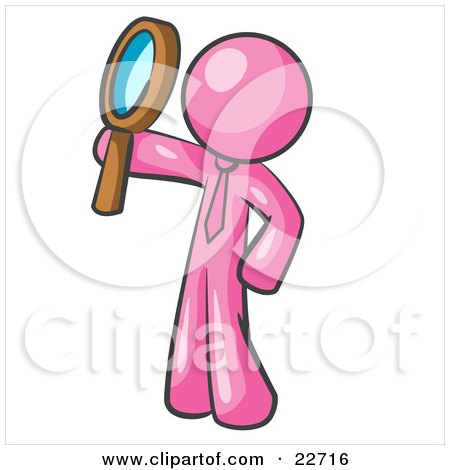 Clipart Illustration of a Pink Man Holding Up A Magnifying Glass And Peering Through It While Investigating Or Researching Something  by Leo Blanchette