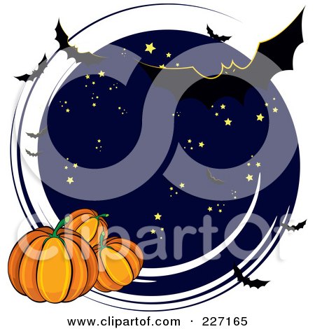 Royalty-Free (RF) Clipart Illustration of a Circle Of Stars In A Night Sky With Flying Bats And Halloween Pumpkins by MilsiArt