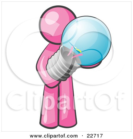 Clipart Illustration of a Pink Man Holding A Glass Electric Lightbulb, Symbolizing Utilities Or Ideas by Leo Blanchette