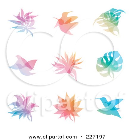 Royalty-Free (RF) Clipart Illustration of a Digital Collage Of Gradient Leaf And Bird Overlay Logo Icons by elena