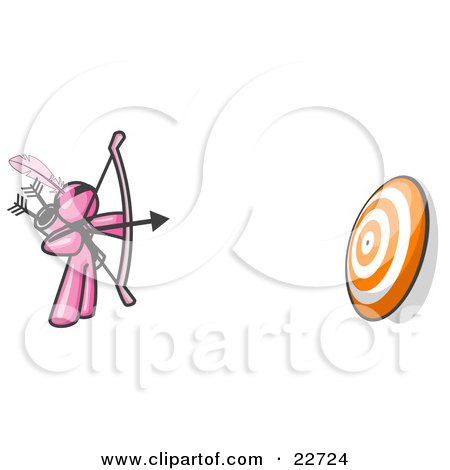 Clipart Illustration of a Pink Man Aiming a Bow and Arrow at a Target During Archery Practice by Leo Blanchette