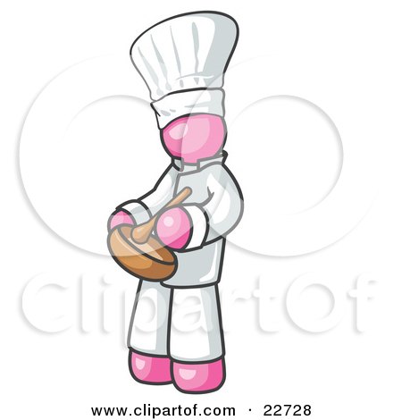 Clipart Illustration of a Pink Baker Chef Cook in Uniform and Chef's Hat, Stirring Ingredients in a Bowl by Leo Blanchette