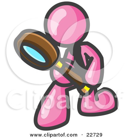 Clipart Illustration of a Pink Man Bending Over to Inspect Something Through a Magnifying Glass by Leo Blanchette