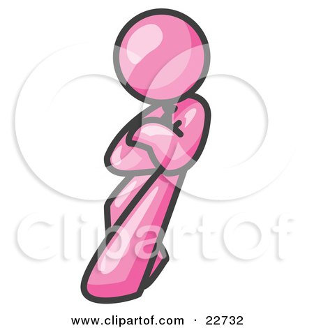 Clipart Illustration of a Pink Man With an Attitude, His Arms Crossed, Leaning Against a Wall by Leo Blanchette