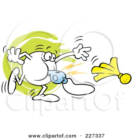 Royalty-Free (RF) Clipart Illustration of a Moodie Character Blowing A Whistle And Tossing A Penalty Flag by Johnny Sajem