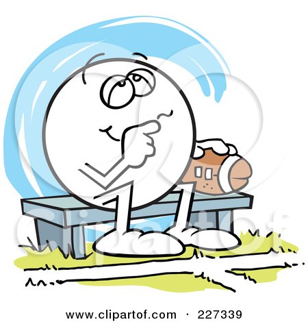 Royalty-Free (RF) Clipart Illustration of a Dreamy Moodie Character Sitting On A Bench With A Football by Johnny Sajem