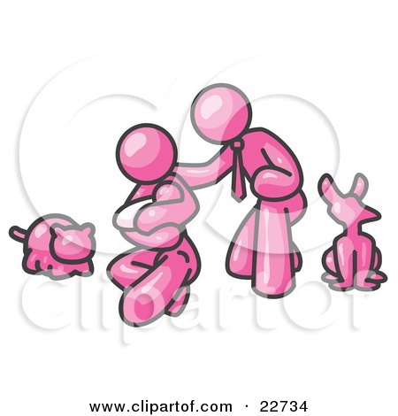 Clipart Illustration of a Pink Family, Father, Mother And Newborn Baby With Their Dog And Cat by Leo Blanchette