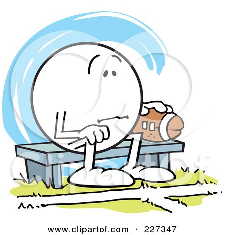 Royalty-Free (RF) Clipart Illustration of a Sad Moodie Character Sitting On A Bench With A Football by Johnny Sajem