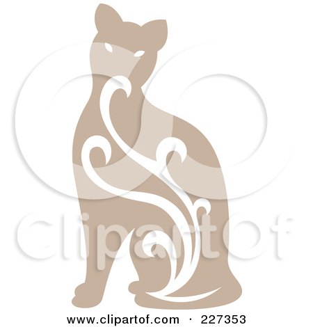 Royalty-Free (RF) Clipart Illustration of a Beige Vintage Styled Cat With Swirls - 1 by Cherie Reve