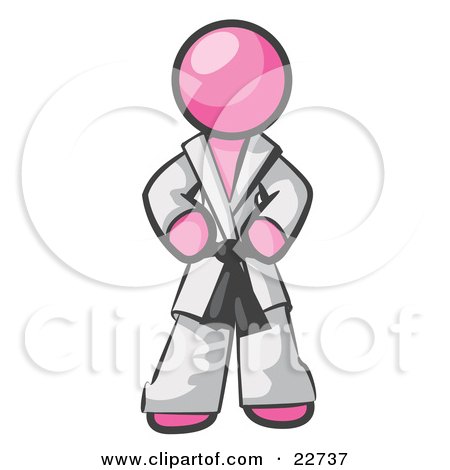 Clipart Illustration of a Tough Pink Man In A White Karate Suit And A Black Belt, Standing With His Hands On His Hips by Leo Blanchette