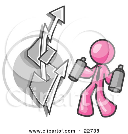 Clipart Illustration of a Pink Business Man Spray Painting a Graffiti Dollar Sign on a Wall by Leo Blanchette