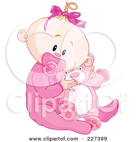 Royalty-Free (RF) Clipart Illustration of a Cute Baby Girl In Pajamas, Sucking On A Pacifier And Holding A Teddy Bear by Pushkin