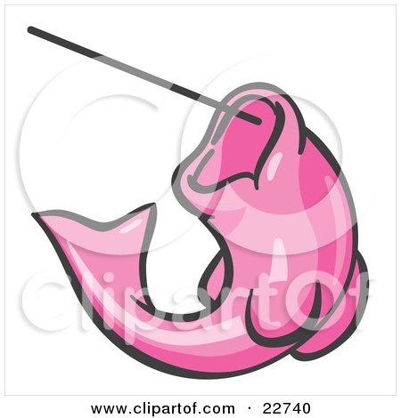 Clipart Illustration of a Pink Fish Jumping Up And Biting A Hook On A Fishing Line by Leo Blanchette