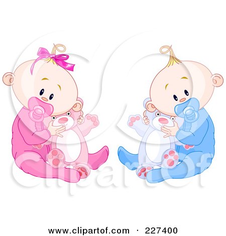Royalty-Free (RF) Clipart Illustration of Cute Baby Twins In Pajamas, Sucking On Pacifiers And Holding Teddy Bears by Pushkin