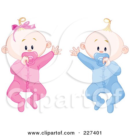 Royalty-Free (RF) Clipart Illustration of Cute Baby Twins In Pajamas, Waving And Sucking On Pacifiers by Pushkin