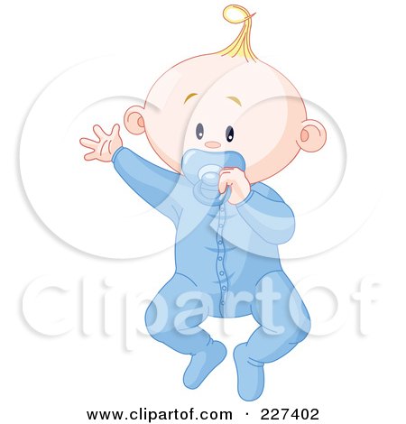 Royalty-Free (RF) Clipart Illustration of a Cute Baby Boy In Pajamas, Waving And Sucking On A Pacifier by Pushkin