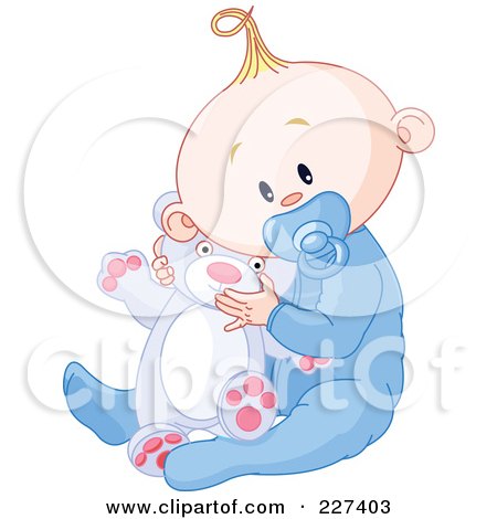 Royalty-Free (RF) Clipart Illustration of a Cute Baby Boy In Pajamas, Sucking On A Pacifier And Holding A Teddy Bear by Pushkin