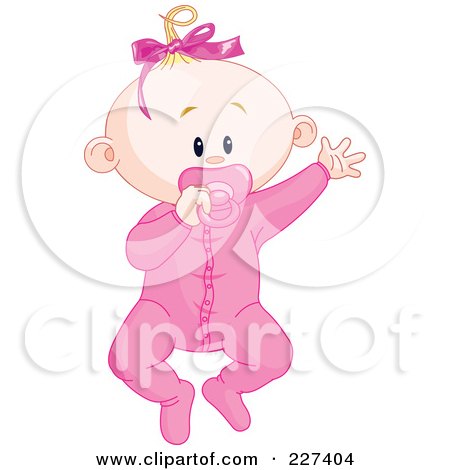 Royalty-Free (RF) Clipart Illustration of a Cute Baby Girl In Pajamas, Waving And Sucking On A Pacifier by Pushkin