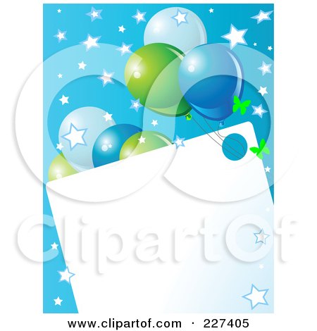 Royalty-Free (RF) Clipart Illustration of a Blank Frame Bordered With Blue And Green Balloons, Butterflies And Stars On Blue by Pushkin