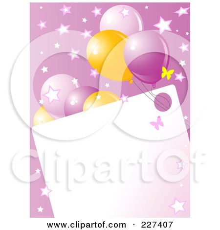 Royalty-Free (RF) Clipart Illustration of a Blank Frame Bordered With Pink And Yellow Balloons, Butterflies And Stars On Pink by Pushkin