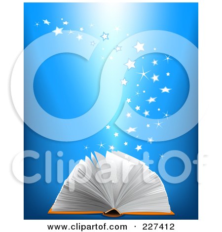 Royalty-Free (RF) Clipart Illustration of Magical Stars Rising From An Open Book, On A Blue Background by Pushkin