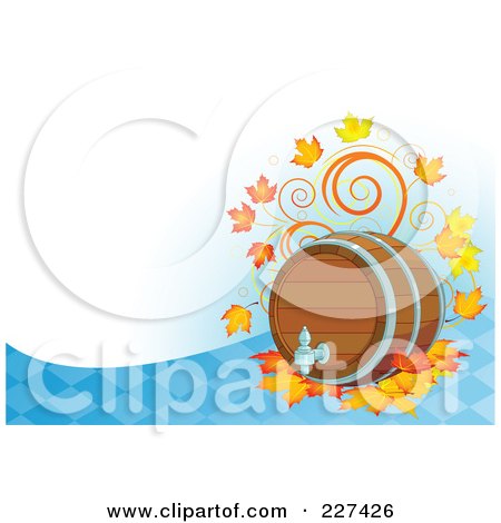 Royalty-Free (RF) Clipart Illustration of an Oktoberfest Background Of A Beer Keg With Autumn Leaves Over A Blue Diamond Pattern And White by Pushkin