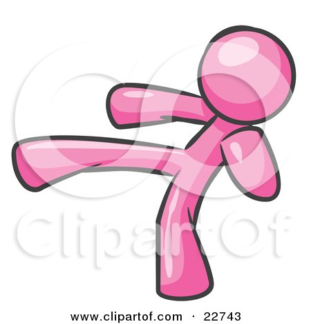 Clipart Illustration of a Pink Man Kicking, Perhaps While Kickboxing by Leo Blanchette