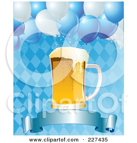 Royalty-Free (RF) Clipart Illustration of a Blue Diamond Oktoberfest Background With Balloons, Beer And A Blank Banner by Pushkin