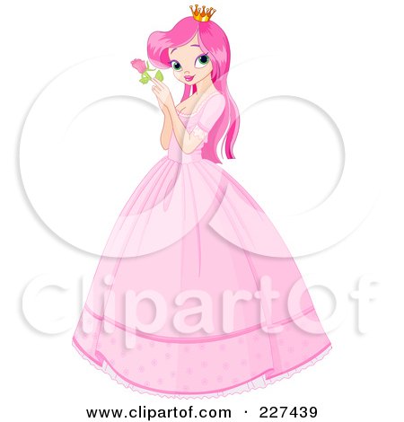 Royalty-Free (RF) Clipart Illustration of a Pretty Pink Haired Princess In A Big Dress, Holding A Rose by Pushkin