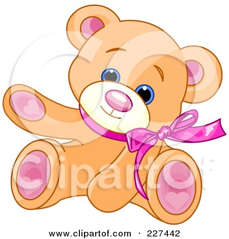 Royalty-Free (RF) Clipart Illustration of a Cute Teddy Bear Wearing A Pink Bow And Waving by Pushkin