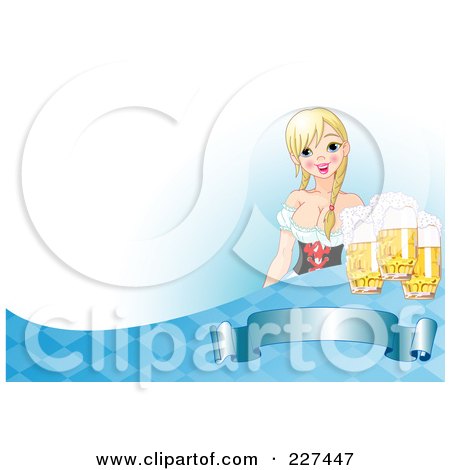 Royalty-Free (RF) Clipart Illustration of a Sexy Beer Maiden Serving Oktoberfest Beer Over A Blank Banner, Blue Diamonds And White Space by Pushkin
