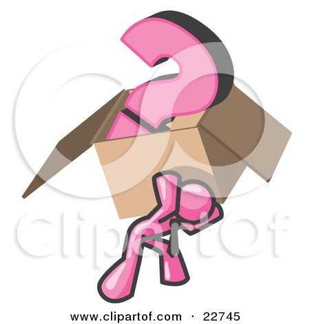 Clipart Illustration of a Pink Man Carrying a Heavy Question Mark in a Box by Leo Blanchette