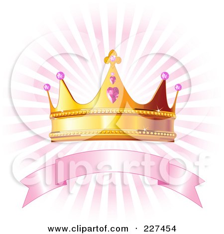 Royalty-Free (RF) Clipart Illustration of a Princess Crown Over A Blank Pink Banner And Pink Rays On White by Pushkin