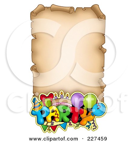 Royalty-Free (RF) Clipart Illustration of an Aged Parchment Page With The Word Party At The Bottom by visekart