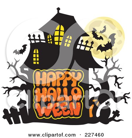 Royalty-Free (RF) Clipart Illustration of a Haunted Mansion With Bats And A Full Moon Over Happy Halloween Text - 3 by visekart