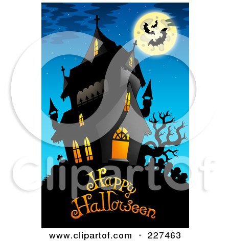Royalty-Free (RF) Clipart Illustration of a Haunted Mansion With Bats And A Full Moon Over Happy Halloween Text - 6 by visekart