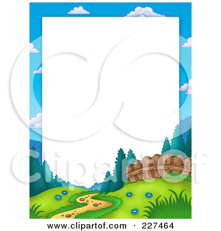 Royalty-Free (RF) Clipart Illustration of a Path Leading Through A Meadow Near A Fence At The Edge Of A Forest Border Frame by visekart