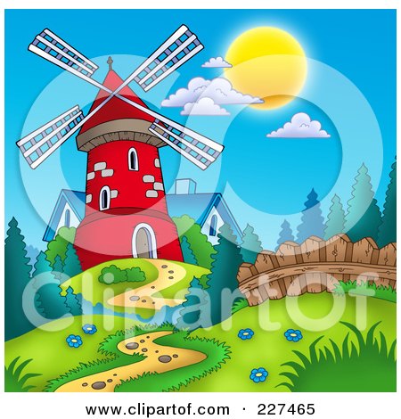 Royalty-Free (RF) Clipart Illustration of a Path Leading To A Red Windmill And Blue House by visekart