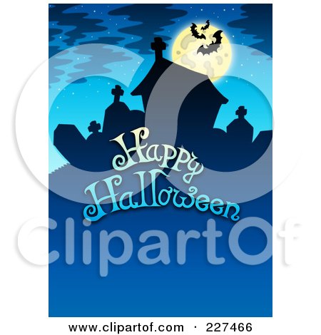 Royalty-Free (RF) Clipart Illustration of a Cemetery And Bats Over A Happy Halloween Greeting On Blue by visekart