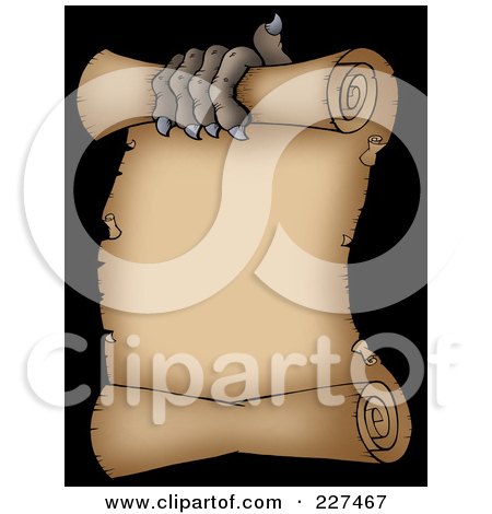 Royalty-Free (RF) Clipart Illustration of a Clawed Monster Hand Holding Parchment Paper, On A Black Background by visekart