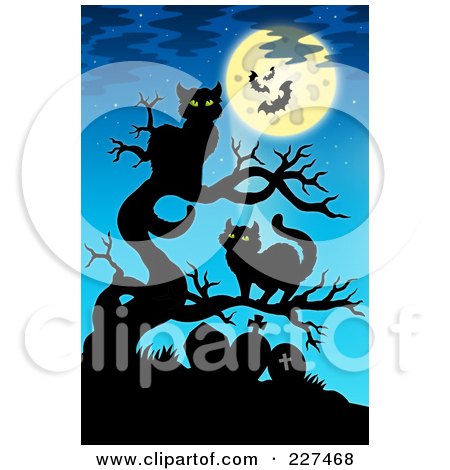 Royalty-Free (RF) Clipart Illustration of Two Black Cats On A Bare Tree Over Tombstones Under A Blue Sky With A Full Moon by visekart