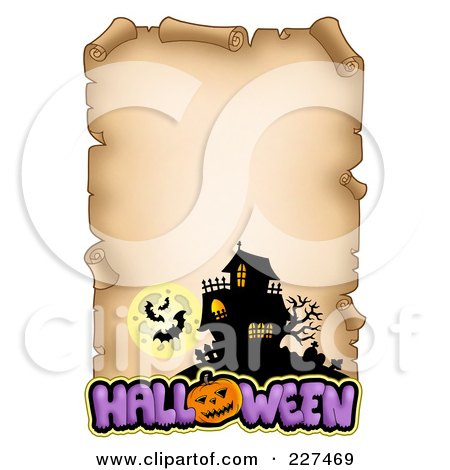 Royalty-Free (RF) Clipart Illustration of an Aged Parchment Page With A Haunted House, Bats And Halloween Text by visekart