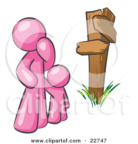Clipart Illustration of an Uncertain Pink Man And Child Standing At A Wooden Post, Trying To Decide Which Direction To Go At A Crossroads by Leo Blanchette