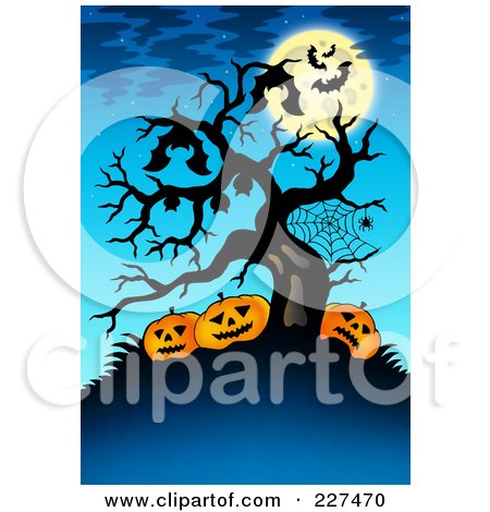 Royalty-Free (RF) Clipart Illustration of a Bats And A Full Moon With A Bare Tree Over Jackolanterns On Blue by visekart