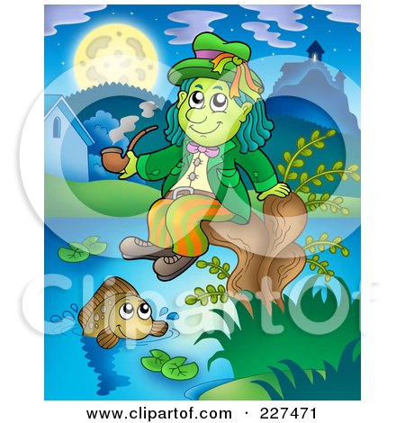 Royalty-Free (RF) Clipart Illustration of a Water Sprite Sitting On A Stump And Smoking A Pipe Above A Fish by visekart