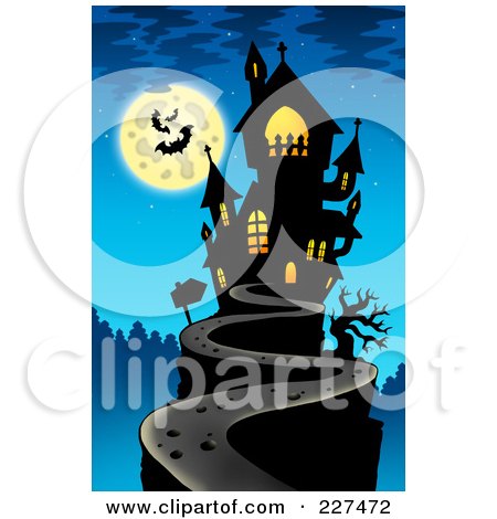 Royalty-Free (RF) Clipart Illustration of a Path Leading To A Haunted Mansion On A Hilltop, Under A Full Moon With Bats Over Blue by visekart