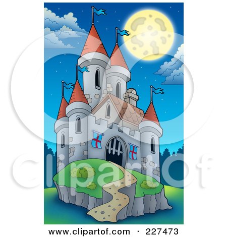 Royalty-Free (RF) Clipart Illustration of a Full Moon Over A Castle On A Hill by visekart