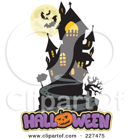 Royalty-Free (RF) Clipart Illustration of a Full Moon With Vampire Bats And A Haunted Mansion Over Halloween Text by visekart