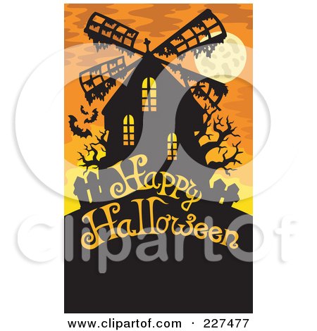 Royalty-Free (RF) Clipart Illustration of Happy Halloween Text Under A Haunted Windmill With Bats Over Orange by visekart